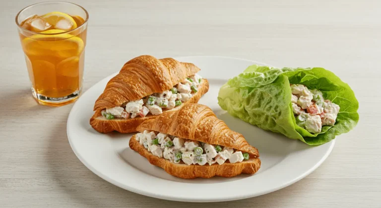 Fresh and creamy Chicken Salad Chick recipe served in a buttery croissant with crunchy celery, grapes, and pecans.