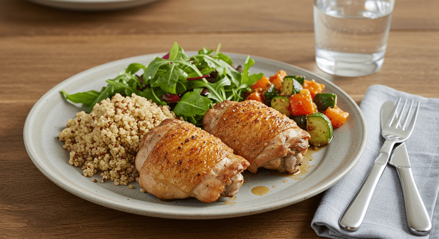 Simple Chicken Thigh Recipe Meal Prep with Roasted Vegetables and Healthy Sides