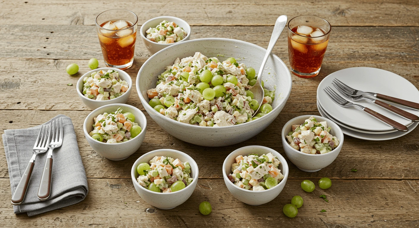 Fresh and vibrant Chicken Salad Chick Grape Salad Recipe served in a white bowl with grapes, chicken, and celery, garnished with parsley.