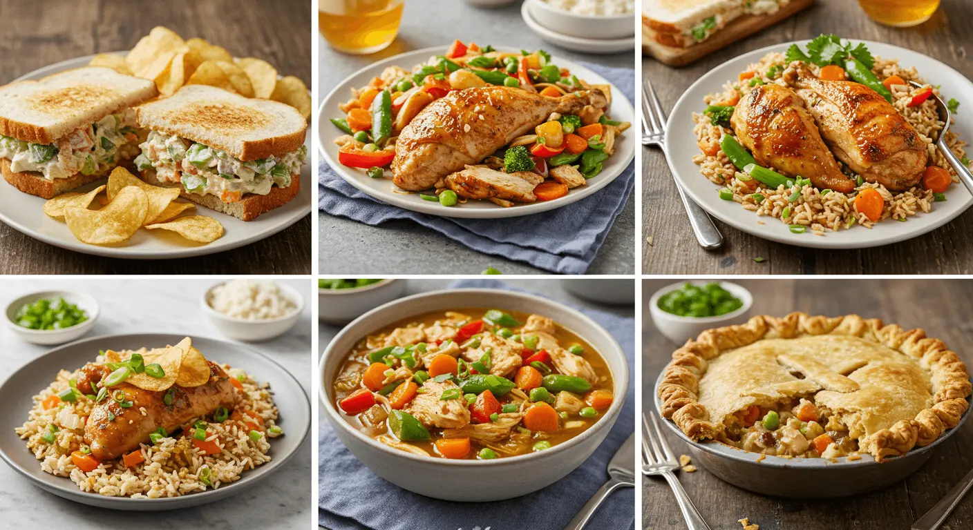 Easy leftover rotisserie chicken recipes with chicken salad, tacos, and stir-fry