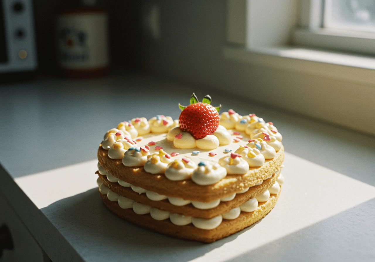 Delicious heart cake decorated with frosting and fresh strawberries.