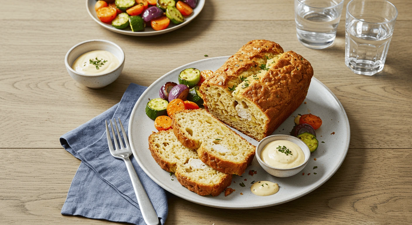 Freshly baked Chicken Bread Recipe with tender chicken and golden crust, garnished with herbs.